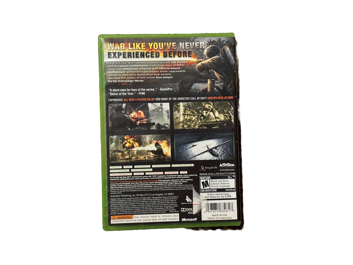 Call of Duty World at War Microsoft Xbox 360 Video Game. Complete.