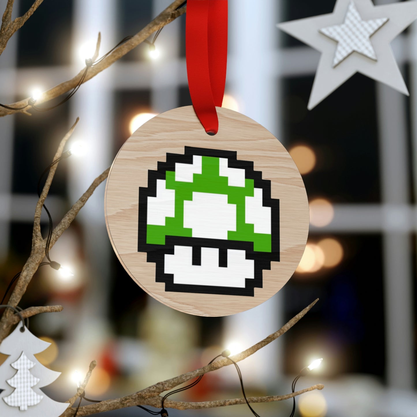 Mushroom 8 Bit Retro Style Wooden Christmas Ornaments