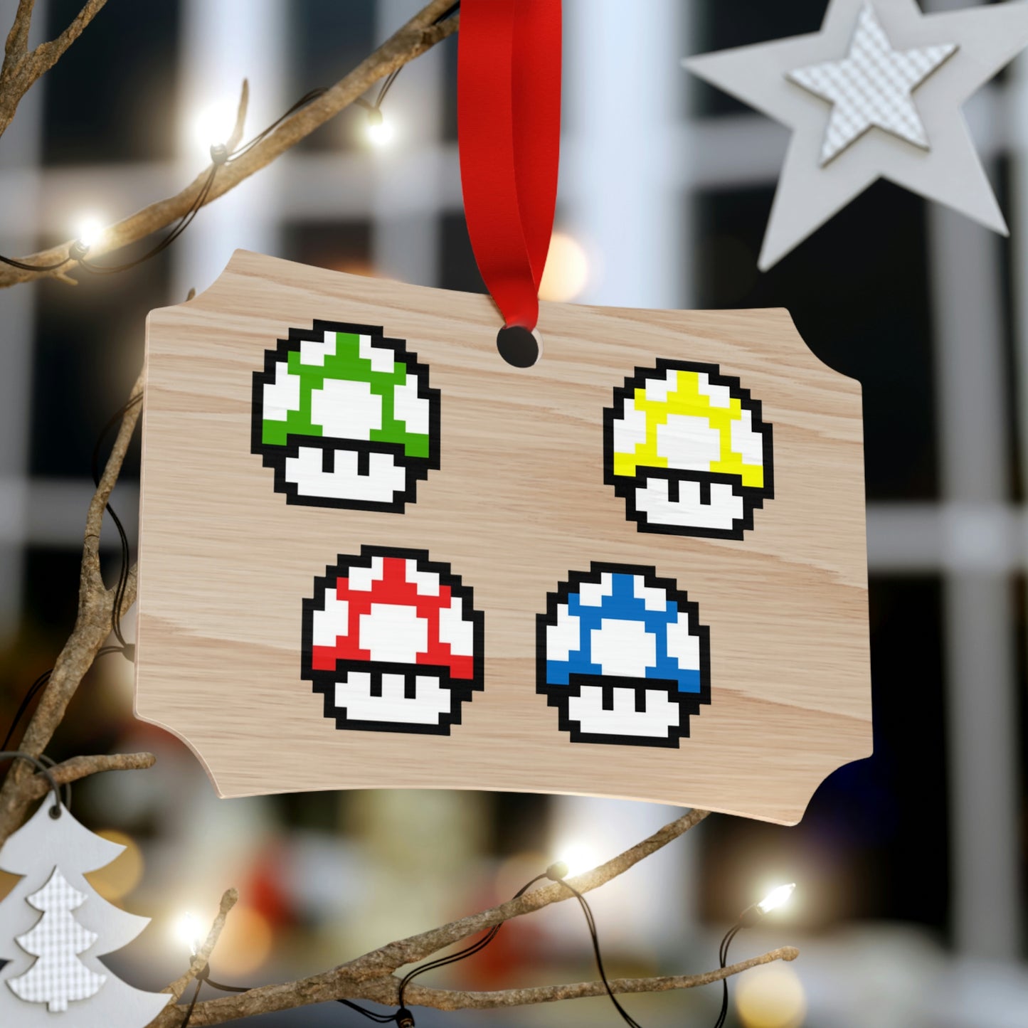 Mushroom 8 Bit Retro Style Wooden Christmas Ornaments
