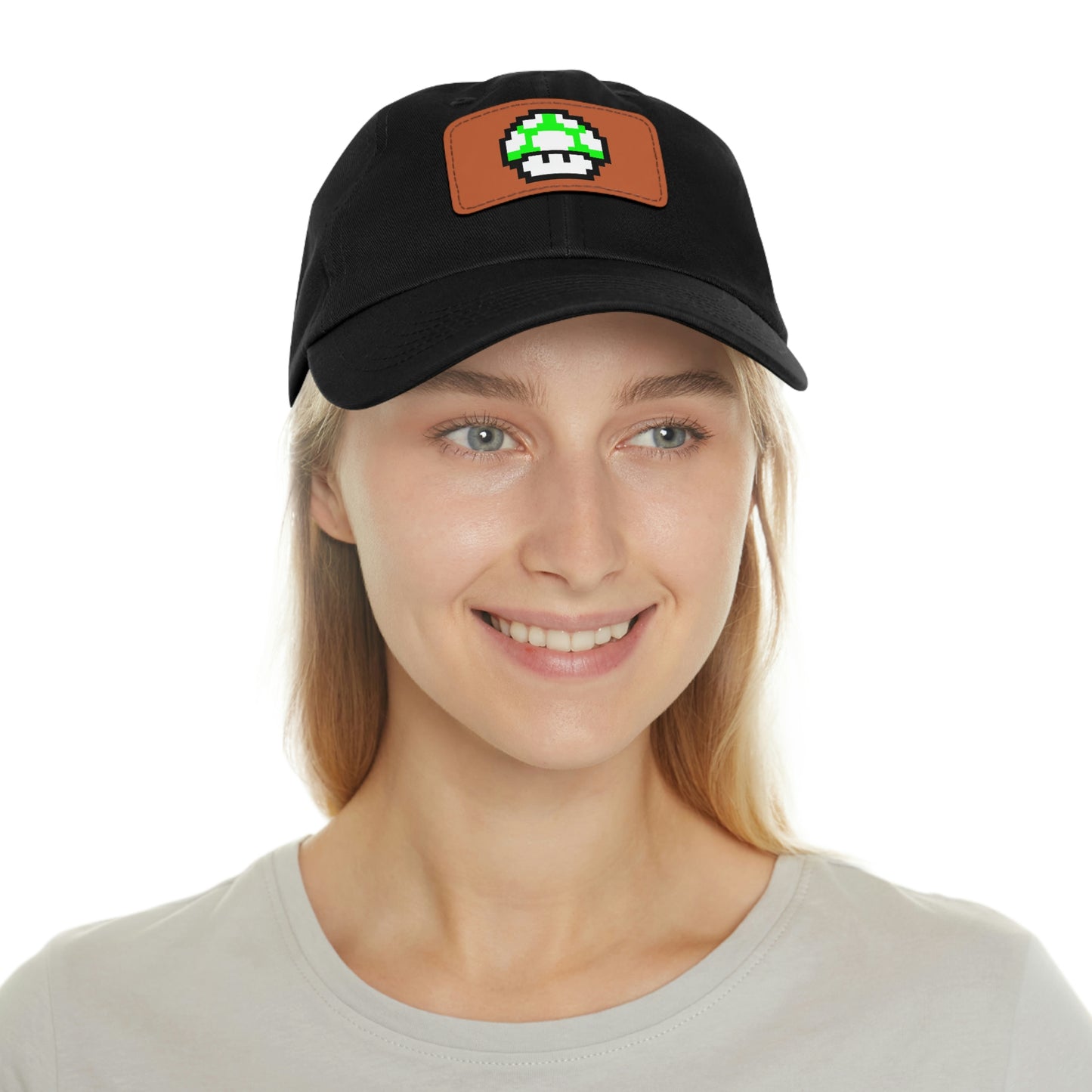 Mushroom 1 UP 8 Bit Style Dad Hat with Leather Patch