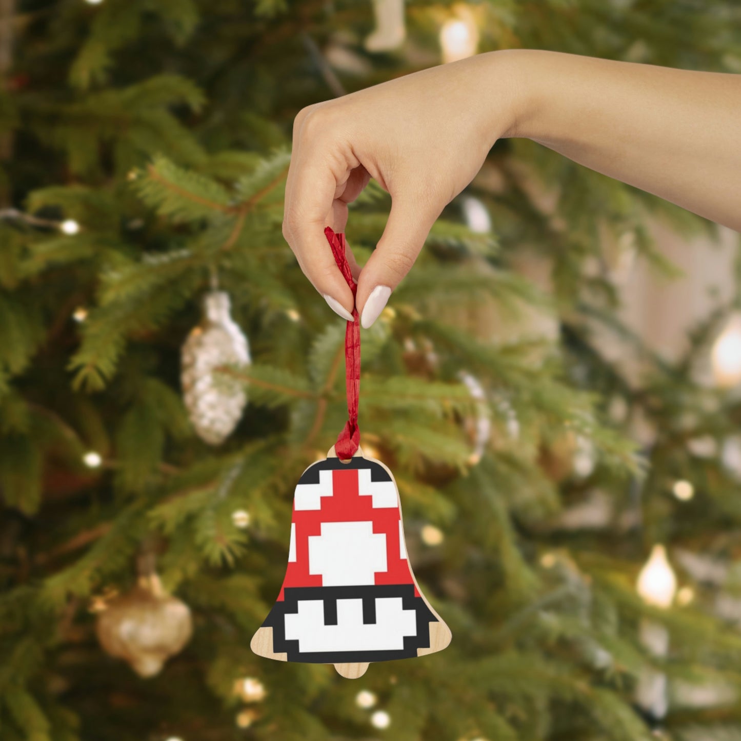Retro Mushroom Red & Green 8 Bit Wooden Ornaments