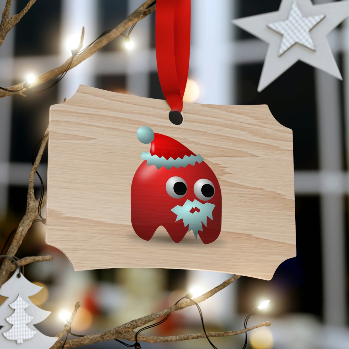 Santa Ghost Pac Man Style Wooden Christmas Ornaments