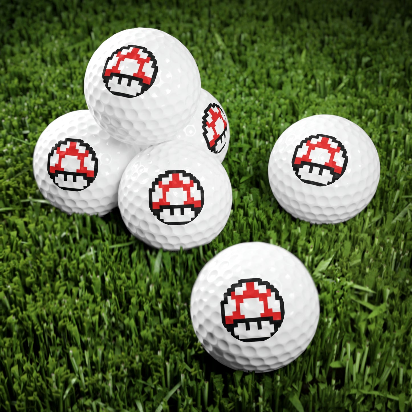 Red Mushroom 8 Bit Style Golf Balls, 6pcs
