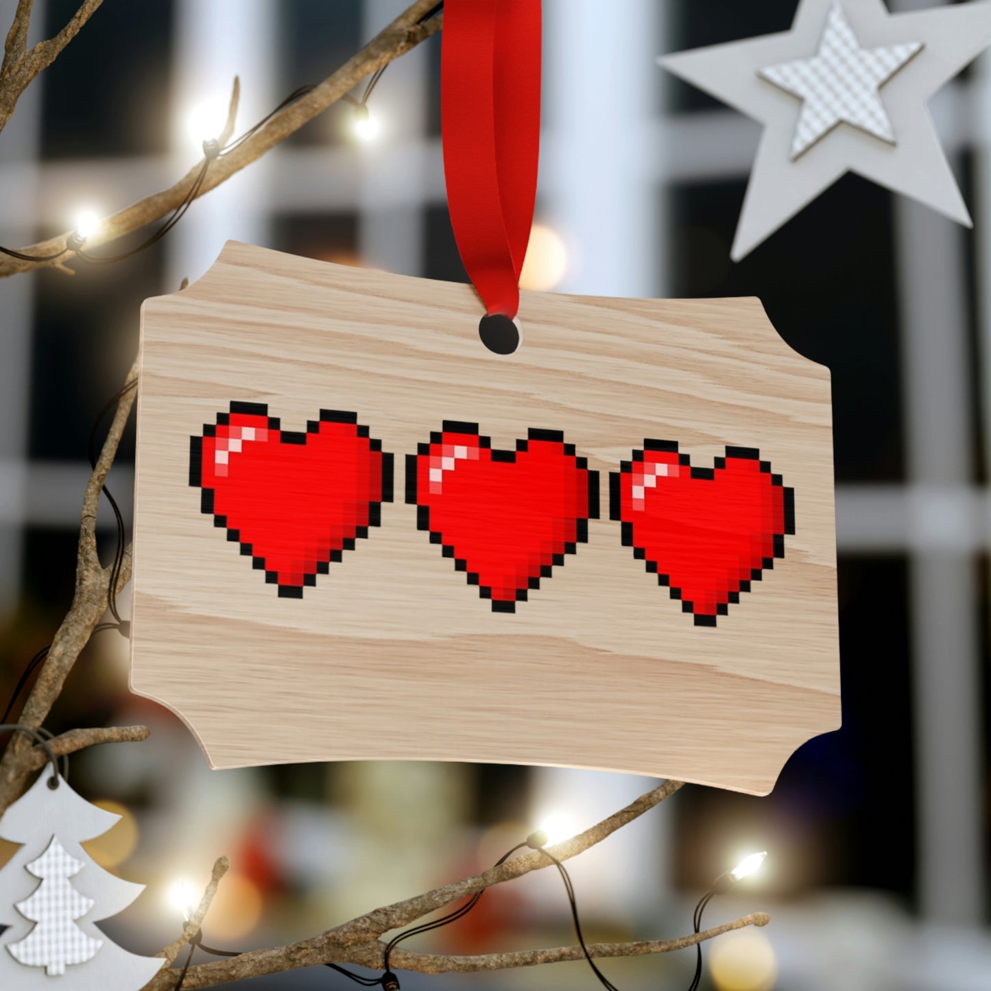 Hearts 8 Bit Style Wooden Christmas Ornaments
