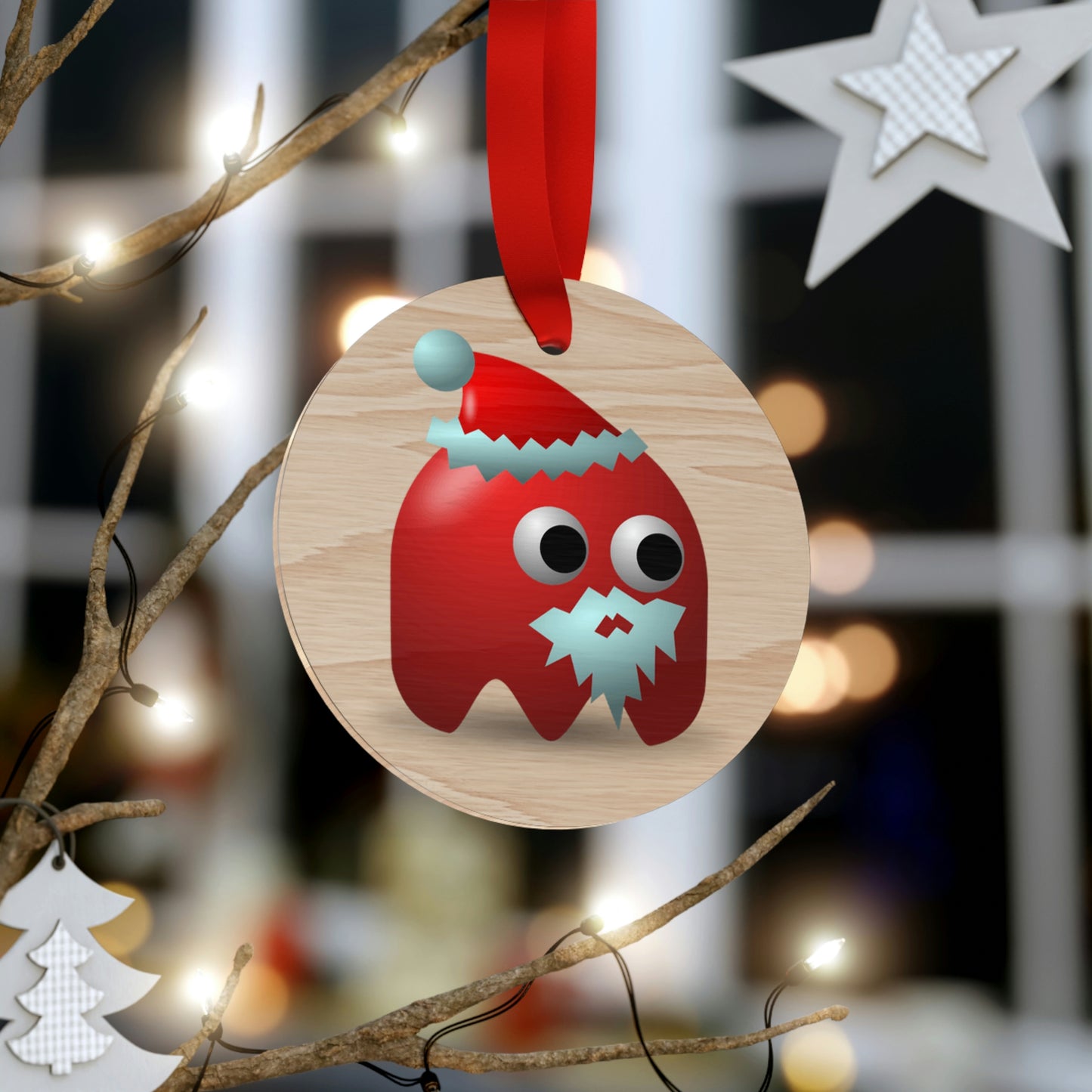 Santa Ghost Pac Man Style Wooden Christmas Ornaments