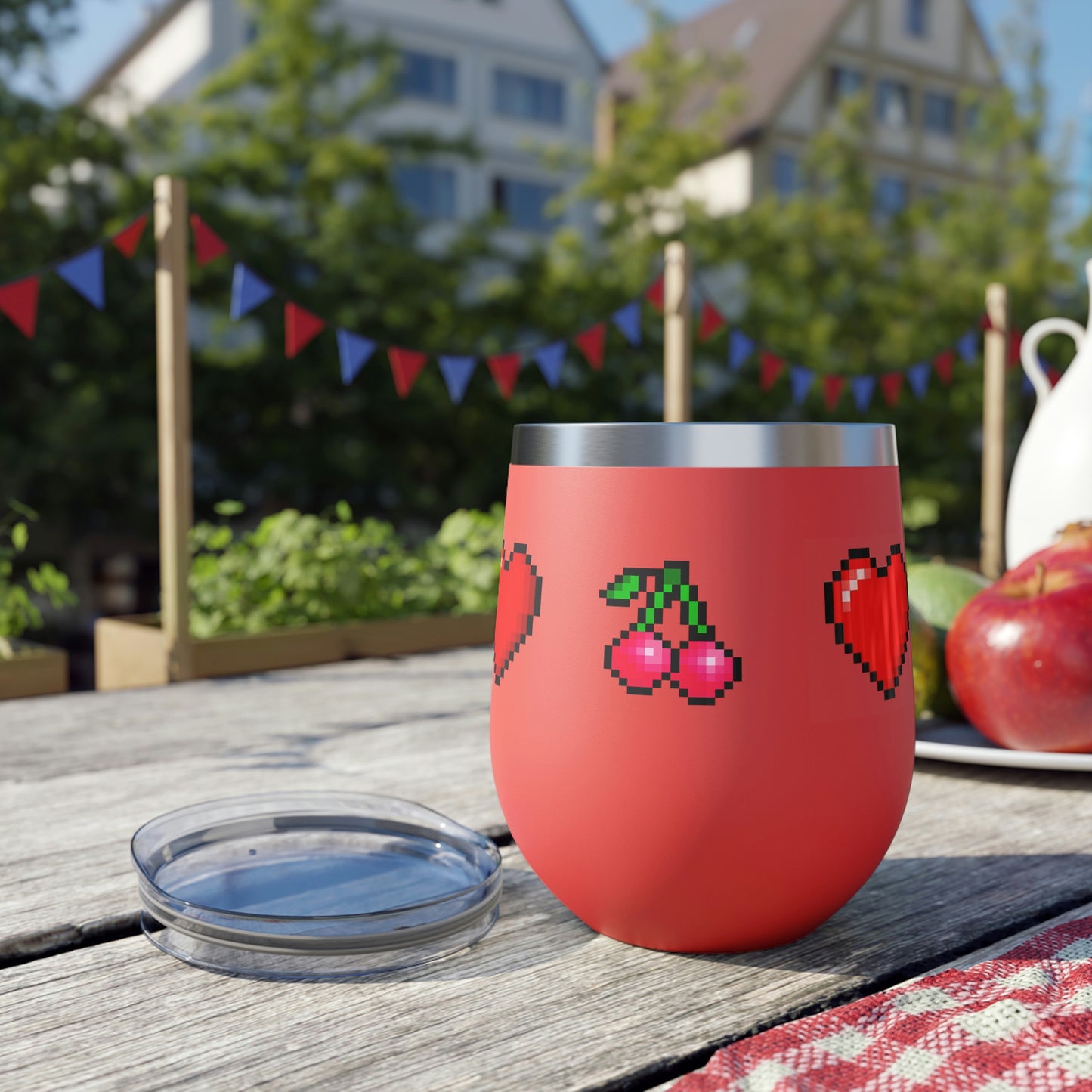 Hearts and Cherries 8 Bit Style Copper Vacuum Insulated Cup, 12oz