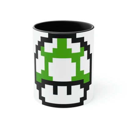 Mushroom 8 Bit Style 1UP Green Accent Coffee Mug, 11oz