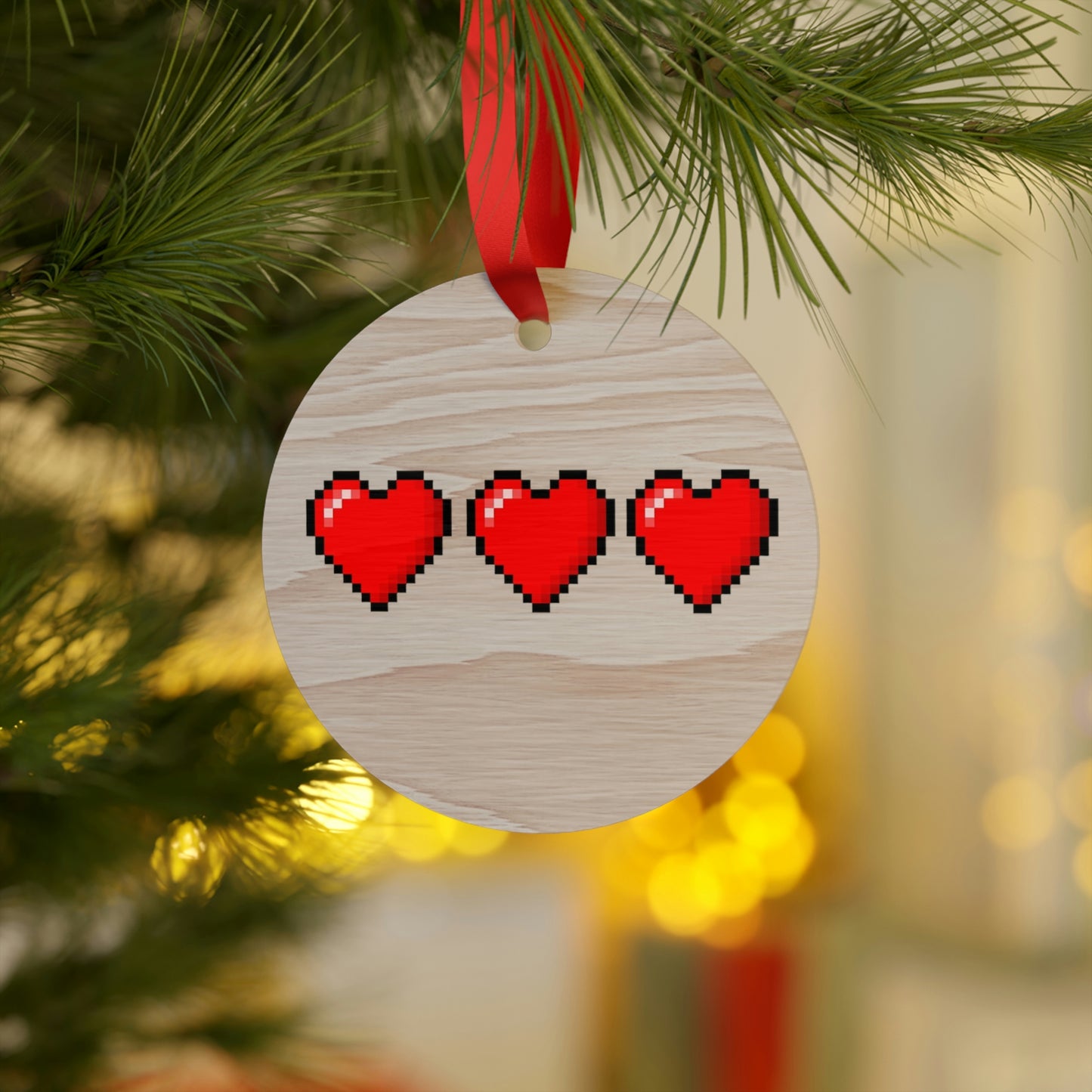 Hearts 8 Bit Style Wooden Christmas Ornaments