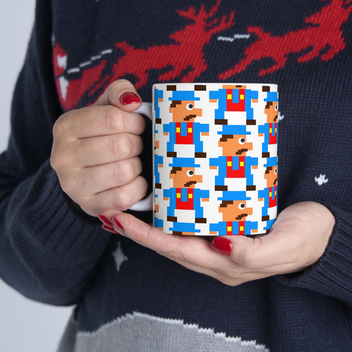 Video Game Style Blue 8 Bit Character Ceramic Mug 11oz