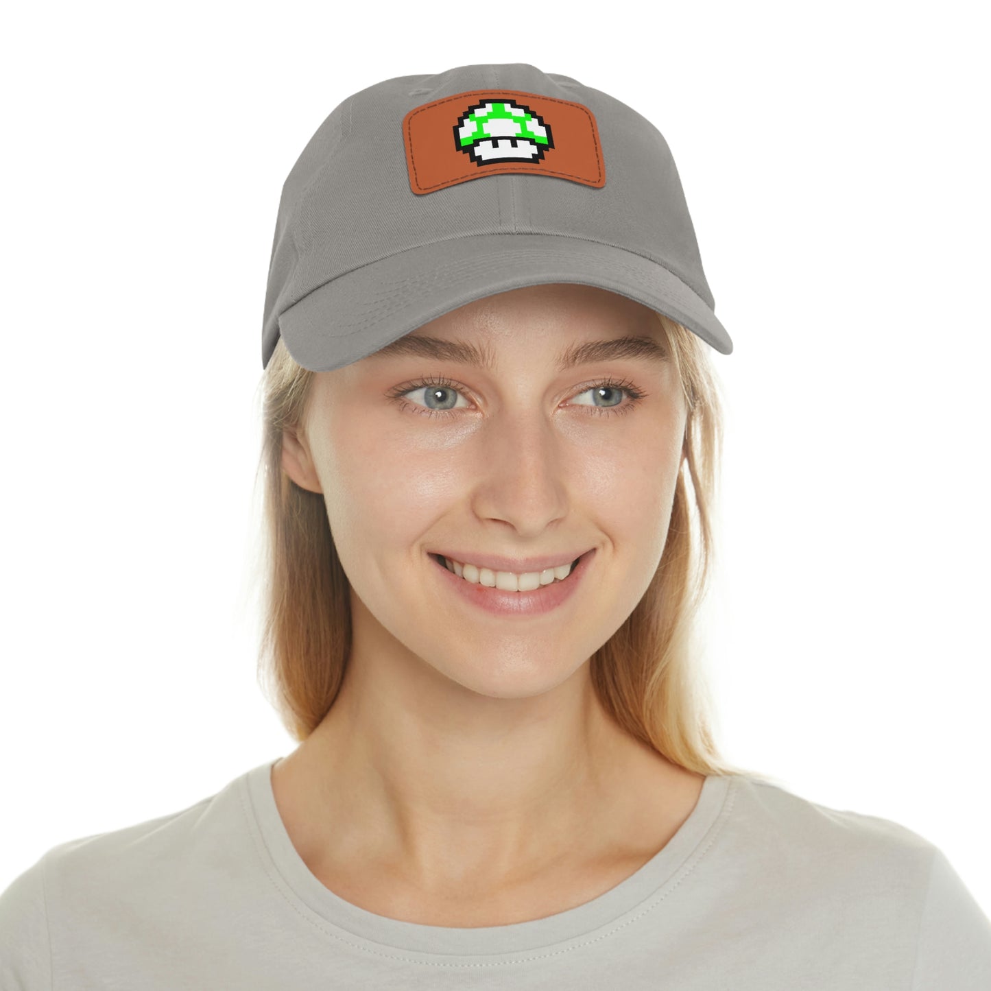 Mushroom 1 UP 8 Bit Style Dad Hat with Leather Patch