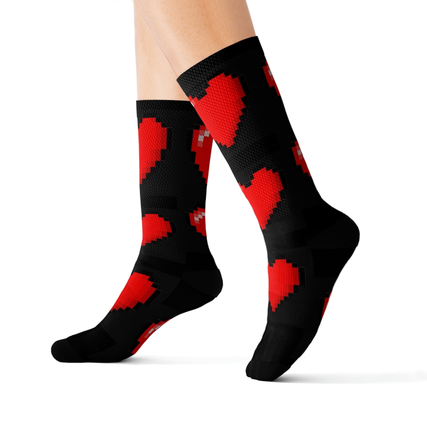 Hearts 8 Bit Style Sublimation Black Socks