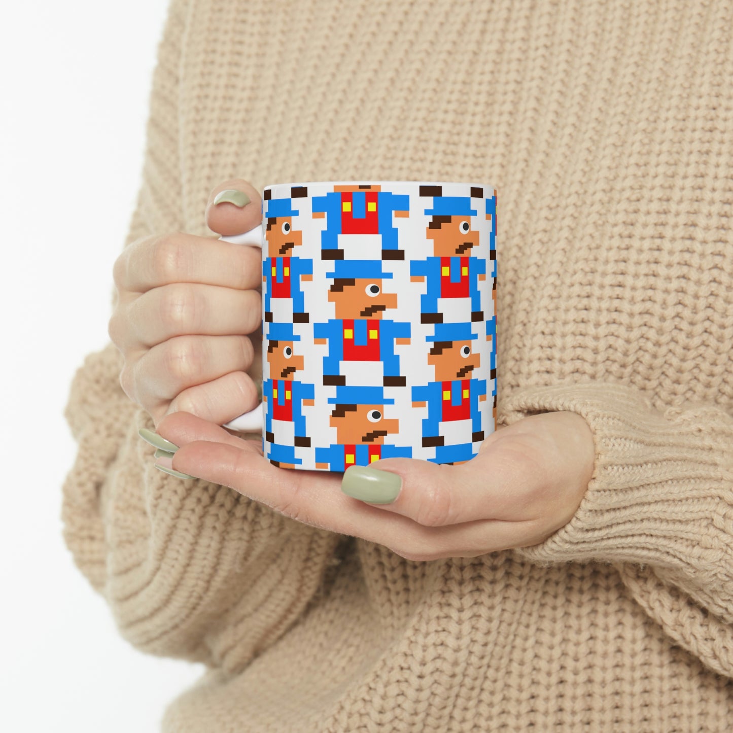 Video Game Style Blue 8 Bit Character Ceramic Mug 11oz