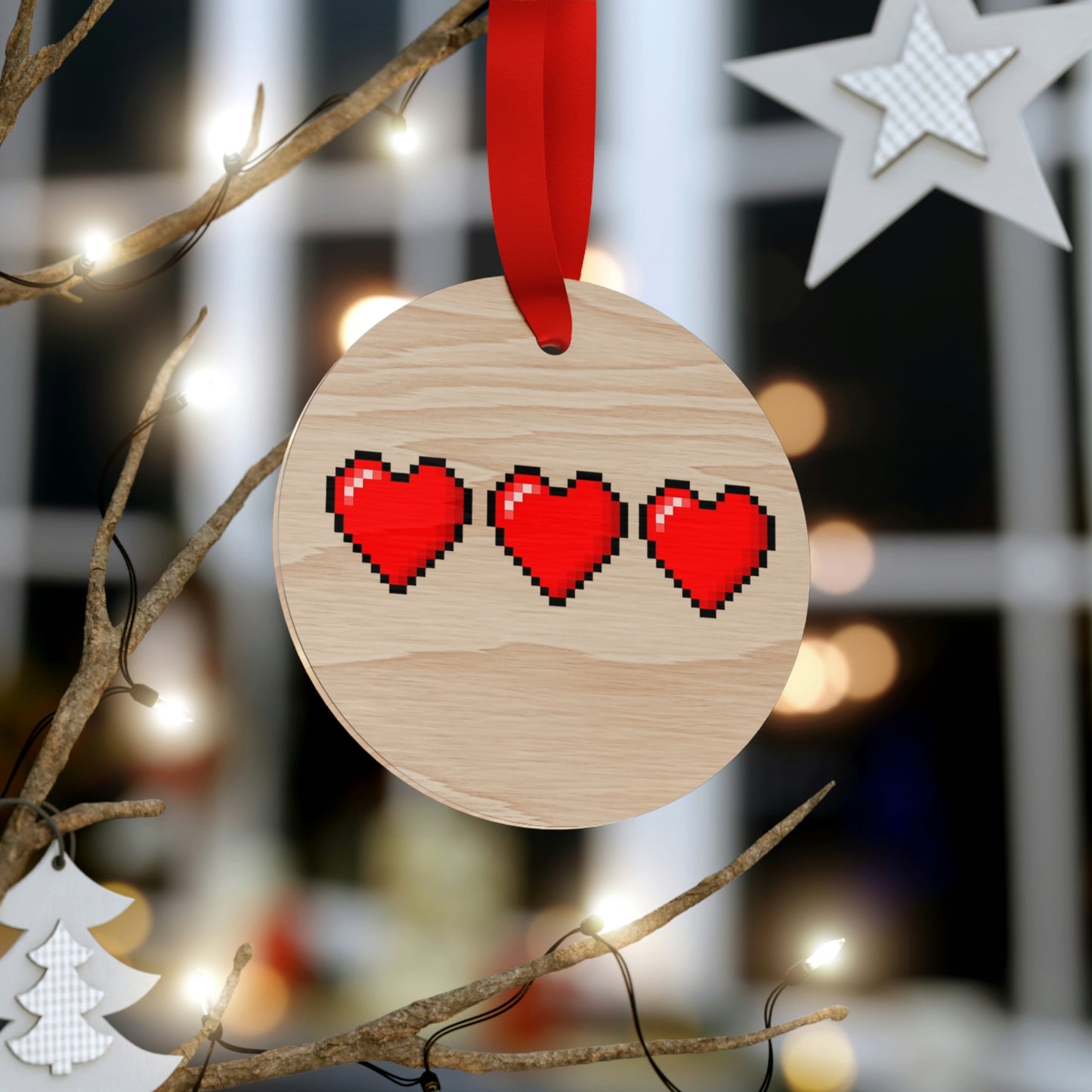 Hearts 8 Bit Style Wooden Christmas Ornaments