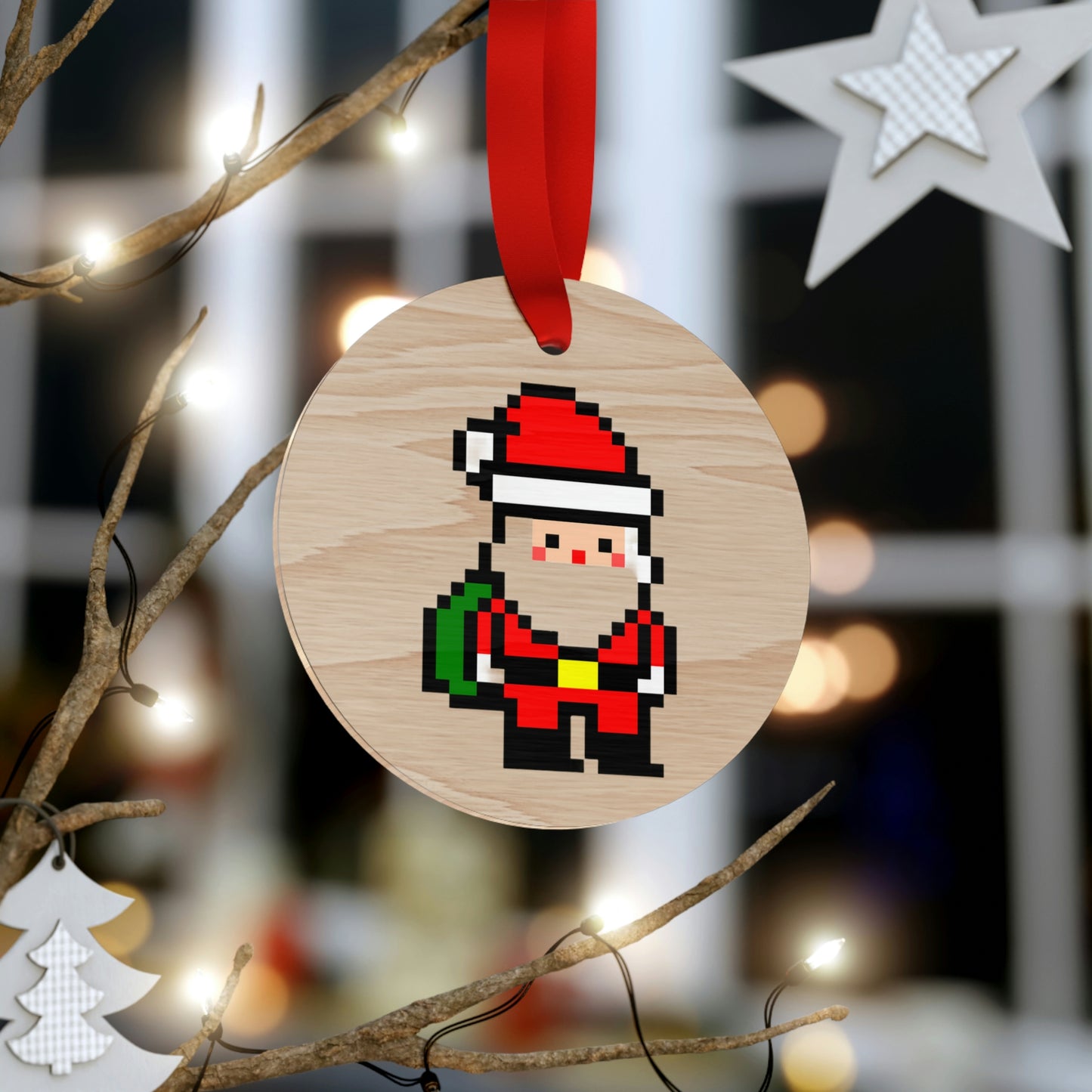 8 Bit Santa Style Wooden Christmas Ornaments