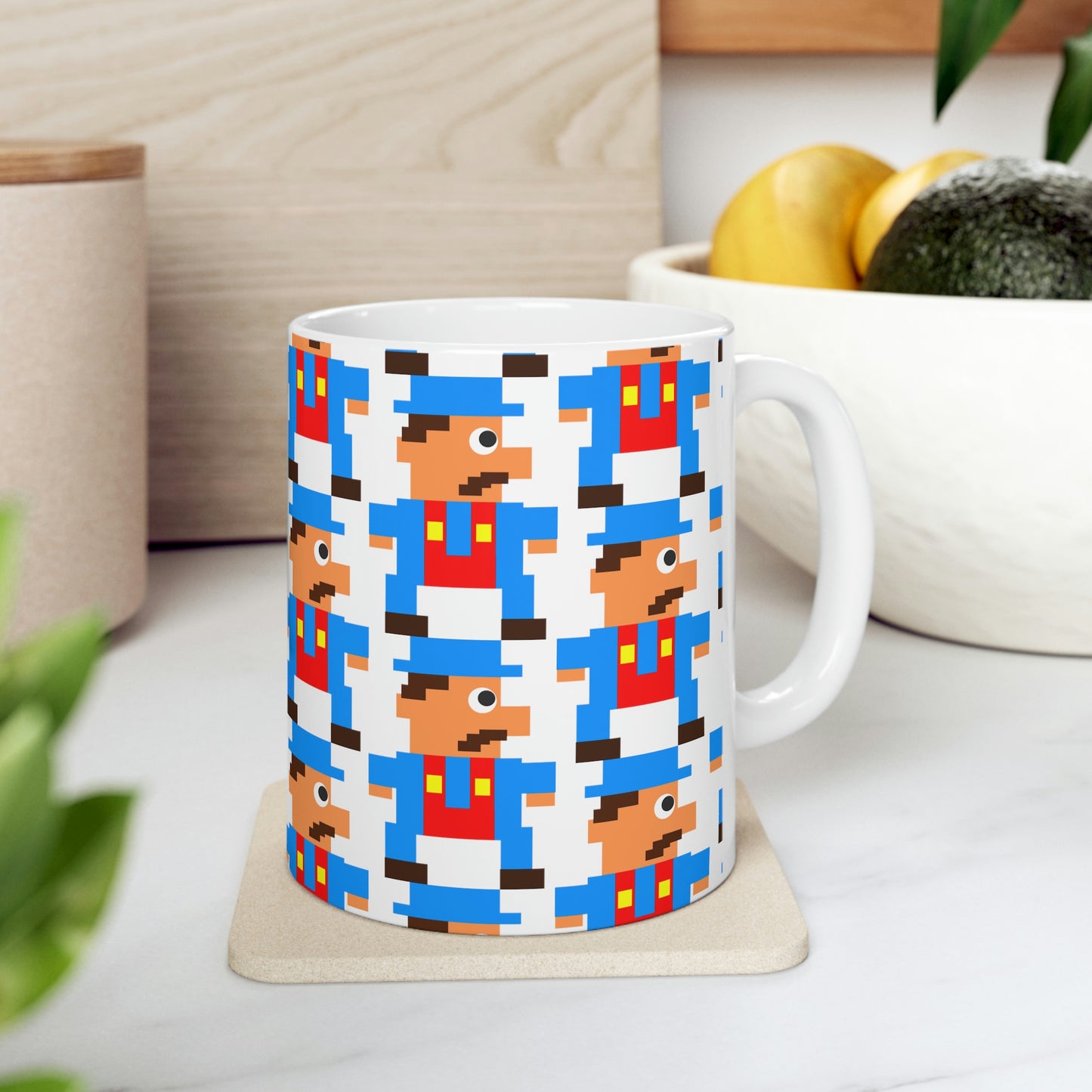 Video Game Style Blue 8 Bit Character Ceramic Mug 11oz