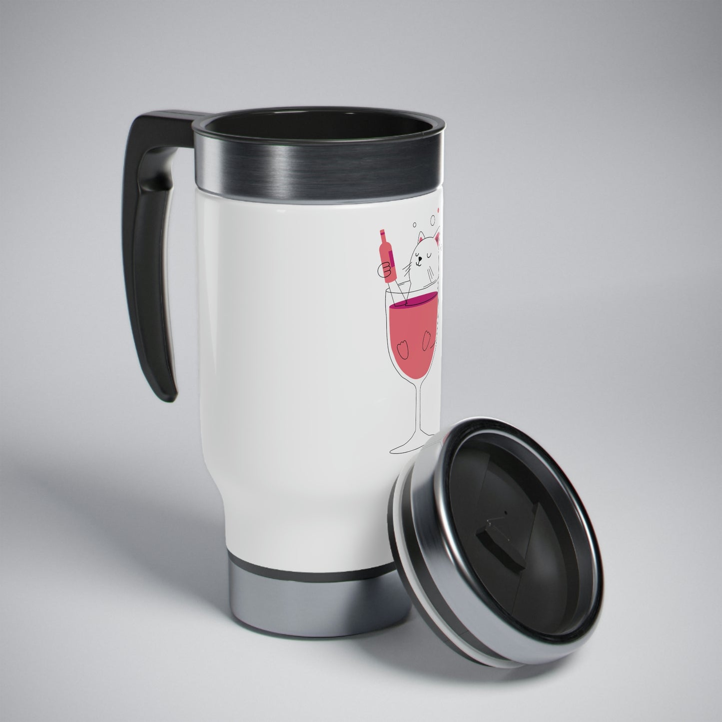 Cats & Wine Style Travel Mug with Handle, 14oz